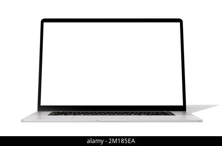 Laptop-Modell mit weißem Bildschirm auf weißem Hintergrund für Werbetext. Vorlage für Modell der Vorderansicht Stockfoto