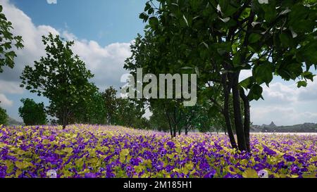 Es regnet, das Gras wächst Blumen und Bäume 3D Rendern Stockfoto