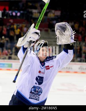 Final Jubilation STR, Goalwart Philipp DIETL (STR) Eishockey 1. Bundesliga, DEL Matchday 28, Duesseldorfer EG (DEG) - Straubing Tigers (STR) 1: 4, am 9.. Dezember 2022 in Düsseldorf/Deutschland. Stockfoto