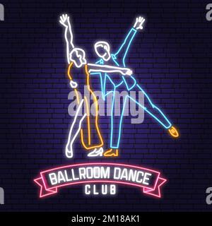 Ballsaal, Tanzclub, Bright Neon Sign. Dance Sport Emblem mit Mann-und-Frau-Silhouette. Vektor. Rumba, Salsa, Samba-Paare tanzen Stock Vektor