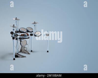 bausatz mit blauer Trommel (3D) und elektrischem Verstärker auf blauem Hintergrund mit Schatten Stockfoto