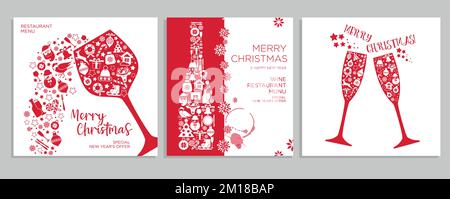 Weihnachtsrestaurant im Hintergrund Menü Karten mit Gläsern Wein, Flaschen Silvestersymbol in roten Farben. Weihnachtskarte mit Vektor-Design. Stock Vektor