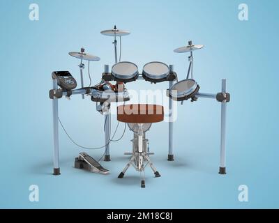 3D Abbildung des Trommelkits mit elektrischem Verstärker auf blauem Hintergrund mit Schatten isoliert Stockfoto