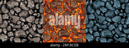 Lava, Magma mit Steinen im Cartoon-Stil nahtlose Muster Hintergrund. Eruptionseffekt, Landschaft. Struktur, Design. Vektorgrafik Stock Vektor