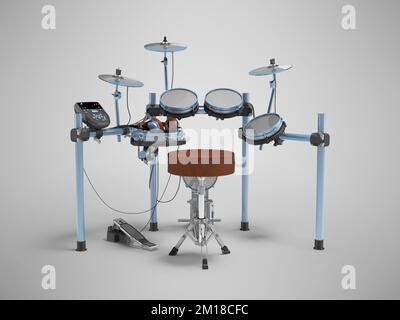 3D Abbildung des Trommelkits mit elektrischem Verstärker auf grauem Hintergrund mit Schatten isoliert Stockfoto