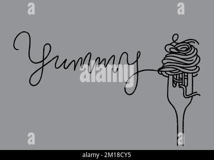 Spaghetti-Rolle mit Gabellinienzeichnung und leckerer Typografie-Vektordarstellung zur Dekoration Stock Vektor