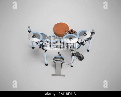 3D Abbildung eines Trommelsets mit elektrischem Verstärker, isolierte Draufsicht auf grauem Hintergrund mit Schatten Stockfoto