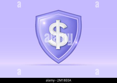 3D-Dollar-Symbol isoliert auf hellblauem Hintergrund. Realistisches Shield Einsparungen, Investitionen, Tausch, Finanzen, Budgetkonzept 3D Vektorrenderi Stock Vektor