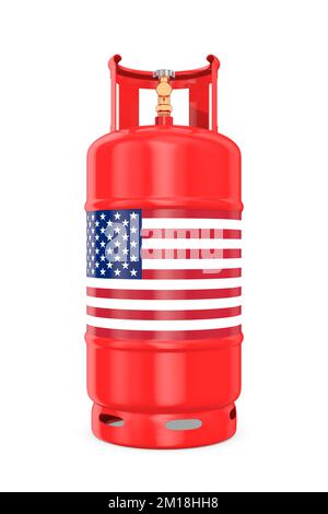 Gasflasche mit Flagge USA auf weißem Hintergrund. Isolierte 3D-Abbildung Stockfoto