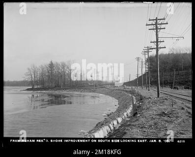 Sudbury Department, Framingham Reservoir No. 3, Shore Improvement on South Side, Looking East, Framingham, Massachusetts, 8. Januar, 1908 , Wasserwerke, Reservoirs, Wasserverteilungsstrukturen, Baustellen Stockfoto