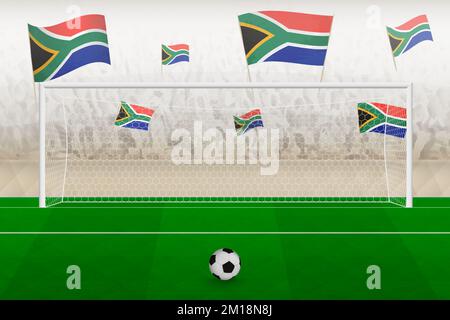 Fans der südafrikanischen Fußballmannschaft mit südafrikanischen Flaggen, die das Stadion anfeuern, Penalty-Kick-Konzept bei einem Fußballspiel. Sportvektordarstellung. Stock Vektor
