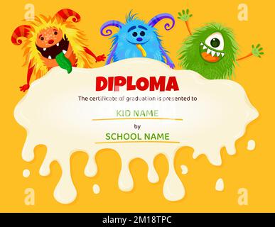 Kinderdiplom mit niedlichen, lustigen Monsterfiguren. Stock Vektor