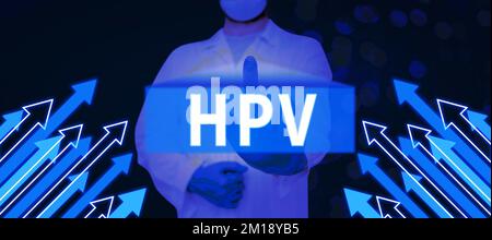 Text mit Inspirations-HPV. Wort geschrieben auf Gruppe von Viren, die Ihre Haut und die feuchten Membranen beeinflussen Stockfoto