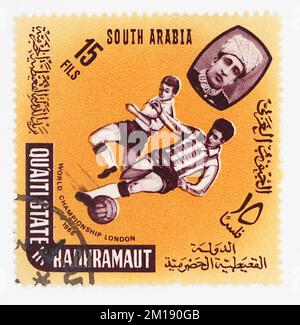 Foto einer Briefmarke von Hadhramaut, Qu'aiti Shihr & Mukalla South Arabia FIFA World Cup 1966 - England Serie 1966 Stockfoto