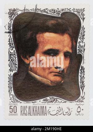 Foto einer Briefmarke von Ras al Khaimah Hector Berlioz 1803-1869 von Gustave Courbet 1819-1877 Composers auf Gemälden der Serie 1969 Stockfoto