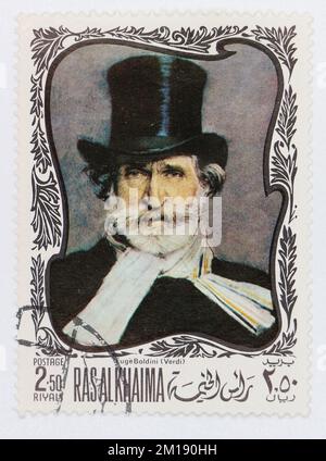 Foto einer Briefmarke von Ras al Khaimah Giuseppe Verdi 1813-1901 Giovanni Boldini 1845-1931 Composers on Gemäldes Serie 1969 Stockfoto