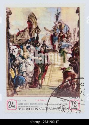 Foto einer Briefmarke aus dem Königreich Jemen The Meeting of Antony and Cleopatra Giambattista Tiepolo UNESCO Save the Monuments of Venice Series Stockfoto