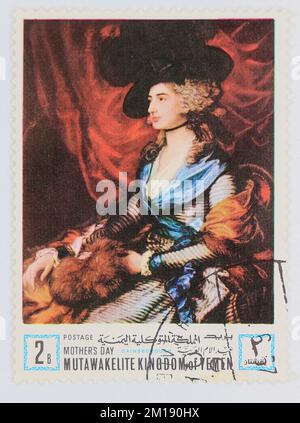 Foto einer Briefmarke aus dem Jemen Portrait of Sarah Siddons von Thomas Gainsborough Mother's Day Women 1968 Stockfoto