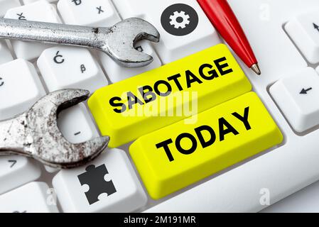 Inspiration mit Zeichen-Sabotage. Geschäftsansatz Zerstörung von Werkzeugen und Materialien eines Arbeitgebers durch Arbeitnehmer Stockfoto