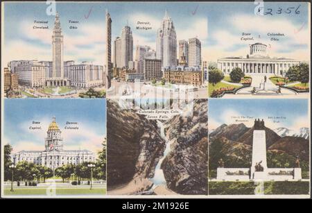 Terminal Tower, Cleveland, Ohio. Detroit, Michigan. State Capitol, Columbus, Ohio. State Capitol, Denver, Colorado. Colorado Springs, Colorado Sieben Wasserfälle. „This is the Place“ Monument, Salt Lake City, Utah , Wolkenkratzer, Städte, Kapitole, Denkmäler und Gedenkstätten, Wasserfälle, Tichnor Brothers Collection, Postkarten der Vereinigten Staaten Stockfoto