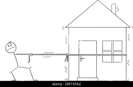 Person Dragging House, Schulden, Kredit oder Hypothek Finanzproblem , Vector Cartoon Stick Abbildung Stock Vektor