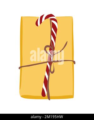 Weihnachtsgeschenk, Geschenkbox in festlicher Verpackung mit Zuckerrohr. Stock Vektor