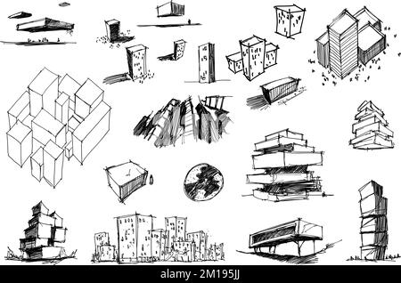 Viele handgezeichnete architektonische Skizzen einer modernen abstrakten fantastischen Architektur und urbane Ideen, Gebäude und Menschen Stockfoto
