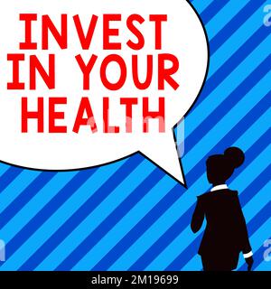 Schild zeigt Invest in Your Health. Word for Live A Healthy Lifestyle Quality Food for Wellness Stockfoto