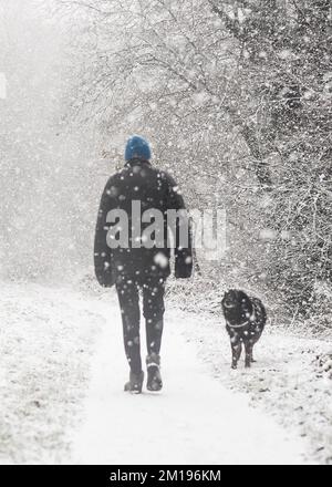 Kidderminster, Großbritannien. Dezember 2022. Wetter in Großbritannien: Schnee trifft die Midlands und Wanderer, die am Sonntag spazieren gehen, werden von einem schweren Schneesturm heimgesucht. Eine Hundebesitzerin, eingewickelt in ein warmes Fell, Hut und Handschuhe, trotzt den Temperaturen unter Null, indem sie ihren Hund Max - ein höchst gehorsames Grenzcollie-Kreuz - auf dem Schleppweg entlang eines gefrorenen Worcestershire-Kanals führt. Quelle: Lee Hudson/Alamy Live News Stockfoto