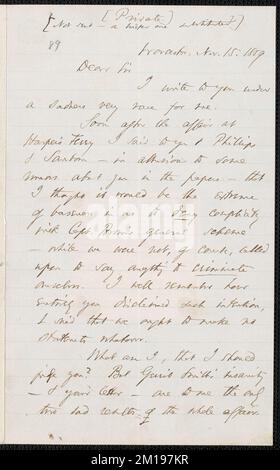 Thomas Wentworth Higginson Autogrammbrief unterzeichnet an Samuel Gridley Howe, Worcester, 15. November 1859 , Abolitionists, United States, Anti-Sklaverei-Bewegungen, United States, History, 19. Century, Harpers Ferry W.A., History, John Brown's RAID, 1859, Brown, John, 1800-1859, Howe, S. G. Samuel Gridley, 1801-1876. John Brown. Korrespondenz über John Brown und den Überfall auf Harpers Ferry Stockfoto