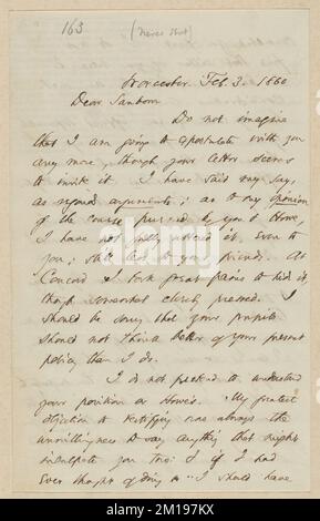 Thomas Wentworth Higginson Autogrammbrief unterzeichnet an Franklin Benjamin Sanborn, Worcester, 3. Februar 1860 , Abolitionists, United States, Anti-Sklaverei-Bewegungen, United States, History, 19. Century, Harpers Ferry W.A., History, John Brown's RAID, 1859, Brown, John, 1800-1859, Howe, S. G. Samuel Gridley, 1801-1876. John Brown. Korrespondenz über John Brown und den Überfall auf Harpers Ferry Stockfoto