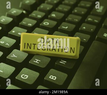 Inspiration für Signage Data Integration. Word for beinhaltet die Kombination von Daten aus verschiedenen Quellen Stockfoto