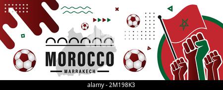 Marokko FIFA 2022 Fußball-Banner mit abstraktem, modernem Design. Erhabene Fäuste, Karte und geometrischer Hintergrund im Farbdesign „Flagge“. Stock Vektor