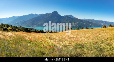 Sommerblick auf den Serre-Poncon Lake mit Grand Morgon Peak und dem Dorf Savines-le-Lac. Hautes-Alpes (Alpen). Frankreich Stockfoto