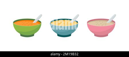 Set Schüsseln Suppe mit Gemüse, Pilzen, Huhn Stock Vektor