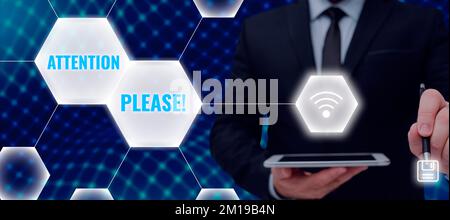 Text mit „Inspiration Attention“, bitte. Geschäftsüberblick, wie Sie sich für etwas interessieren können, das Sie ankündigen möchten Stockfoto