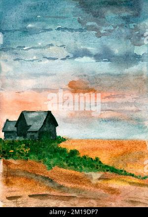 Landschaft eines einsamen Hauses in Aquarell. Illustration. Handgefertigtes Malen. Handgezeichnet Stockfoto