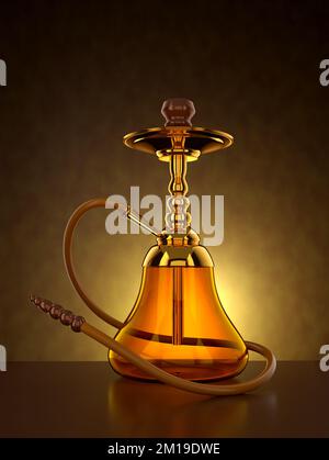 Indischer oder arabischer Gold-Hookah oder Sheesha mit gelbem Hintergrund. Rendern der 3D-Darstellung. Stockfoto