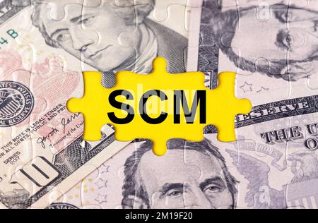 Geschäftskonzept. Puzzle mit dem Bild von Dollars in der Mitte der Inschrift -SCM Stockfoto