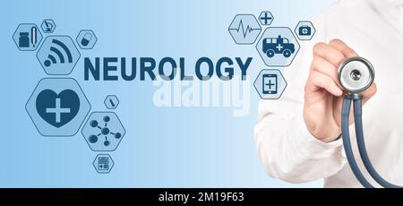 NEUROLOGY Concept auf dem Touchscreen. Arzt mit Stethoskop. Stockfoto