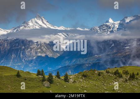 Nebeliger Eiger über dem Grindelwaldtal, schneebedeckte Berner Schweizer alpen, Schweiz Stockfoto