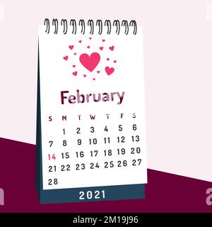 Februar 2021 Kalender mit Herzen und markiert 14. Valentinstag-Erinnerung Stock Vektor
