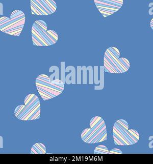 Pastellfarbene Herzen mit Linien auf blauem Hintergrund, nahtloses Muster Stock Vektor