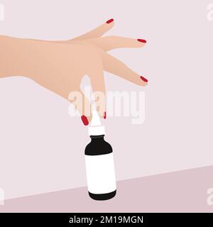 Serumflasche in der Hand auf pinkfarbenem Hintergrund Stock Vektor