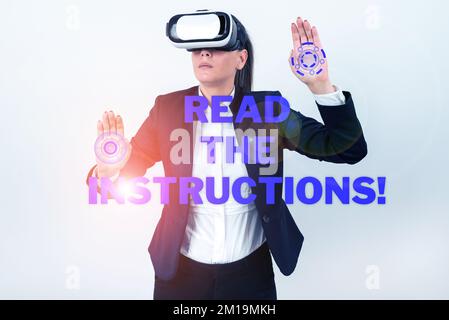 Schild mit der Aufschrift Read the Instructions (Anweisungen lesen). Internetkonzept Lesen Sie sich etwas genau durch, das Ihnen jemand sagt Stockfoto