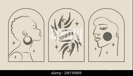 Satz minimalistischer, linearer Boho-Logos. Esoterische ethnische Schwarze. Stock Vektor