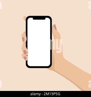 Weibliche Hand hält ein Smartphone mit einem leeren Bildschirm – flache Vektordarstellung. Stock Vektor
