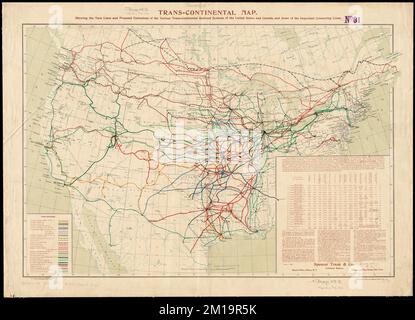 Transkontinentale Karte : Darstellung der wichtigsten Strecken und der vorgeschlagenen Erweiterungen der verschiedenen transkontinentalen Eisenbahnsysteme der Vereinigten Staaten und Kanadas sowie einiger wichtiger Verbindungsstrecken , Eisenbahnen, Vereinigte Staaten, Karten, Eisenbahnen, Kanada, Karten, Usa, Karten, Kanada, Karten Norman B. Leventhal Kartenzentrum Sammlung Stockfoto