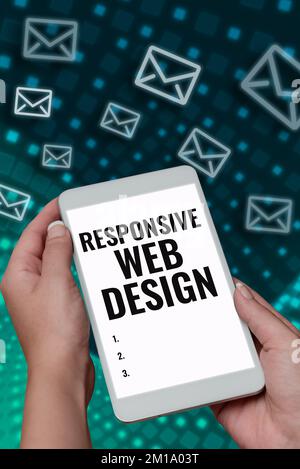 Inspiration für Sign Responsive Web Design. Konzept, das die Erstellung von Webseiten unter Verwendung flexibler Layouts bedeutet Stockfoto