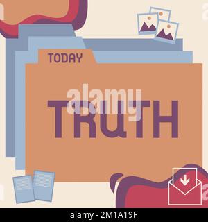 Ein Zeichen, das die Wahrheit zeigt. Das Wort für die Qualität oder den Zustand ist das Gegenteil von Lügen und Fakten Stockfoto